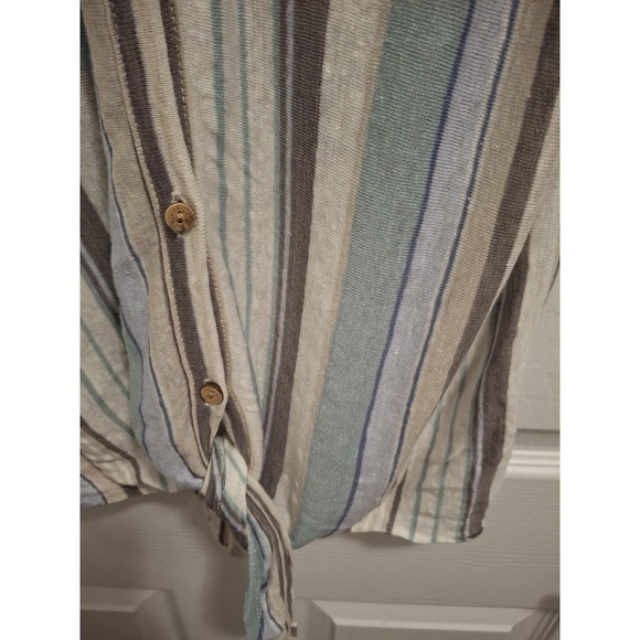 Rachel Zoe Large Gray Blue Striped‎ V-Neck Tie Front Coastal Boho Blouse - Picture 7 of 9